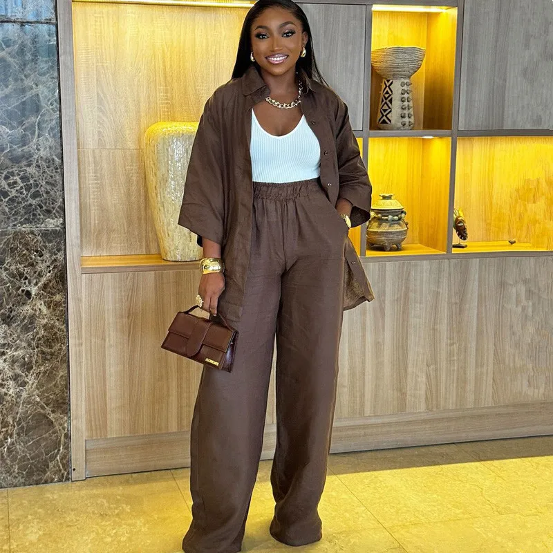 African Fashion Two Piece Set Women Pants set Fashion Brwon Color Single Breasted Loose Shirt And Pants Set Outfits