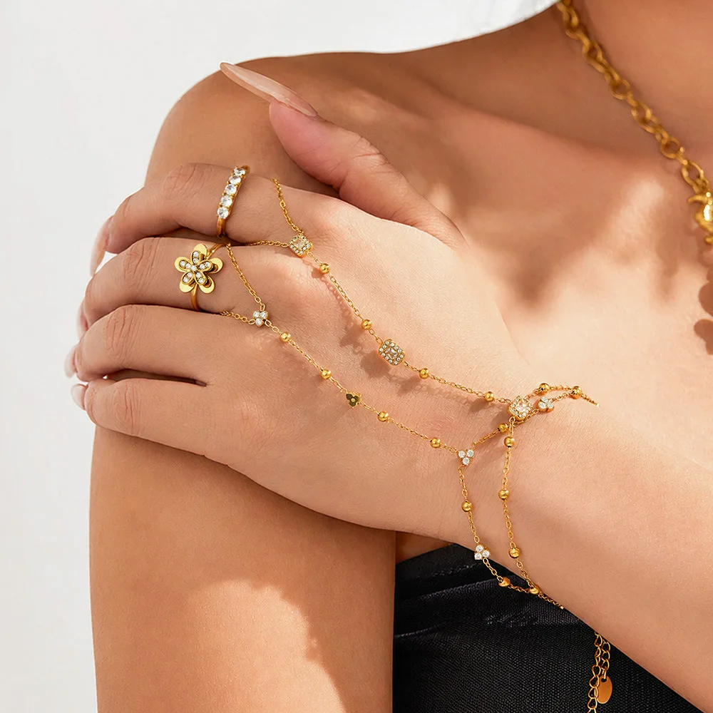 Zirkon-Perlen Handketten-Armband 316L Edelstahl-Armband 18K Vergoldet Verstellbares Armband Täglicher Schmuck für Frauen – Detail 2
