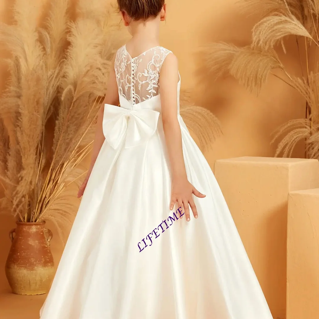 Maßgeschneidertes Elfenbeinfarbenes Satin-Blumenmädchenkleid für Kinder zur Ersten Heiligen Kommunion, Hochzeit, Geburtstagsfeier und besonderen Anlässen