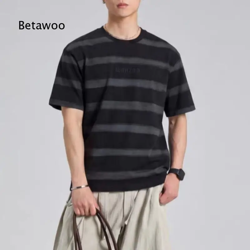 American Style Striped Tie Dye Short Sleeve T Shirt For Men Embroidery Detail Trendy Casual Tops Unique Design Suitable For Sum