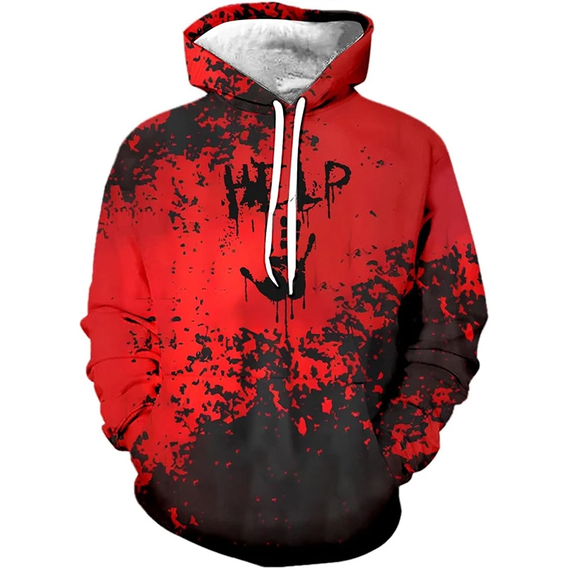 Halloween Blood Graffiti Hoodie Mens Clothing Oversized Loose Sweatshirt 3D Printed Palm Street Fashion Hooded Sweatshirts