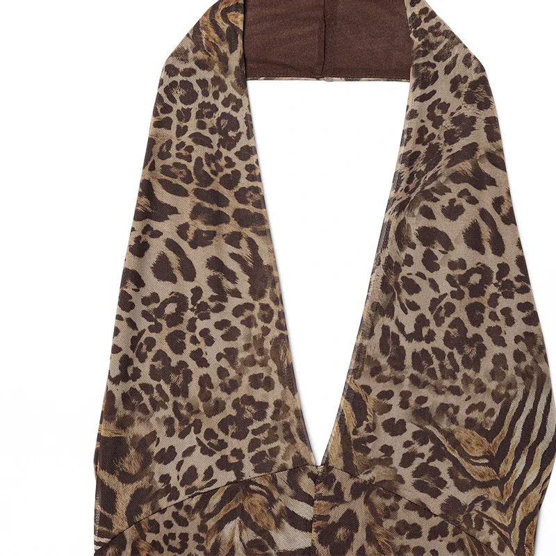 بدلة قفز نسائية أنيقة ومثيرة بطبعة الفهد مع رسن بدون ظهر ورباط علوي فضفاض موضة الربيع والصيف والعطلات 5039147 #3