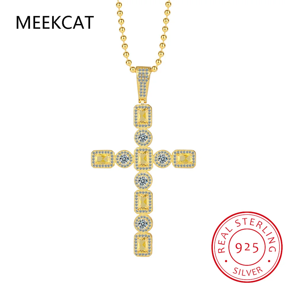 

Emerald Cut Natural Yellow Citrine 925 Sterling Silver Cross Pendant Necklace for Women Men Round Gemstone Jewelry Party Gift