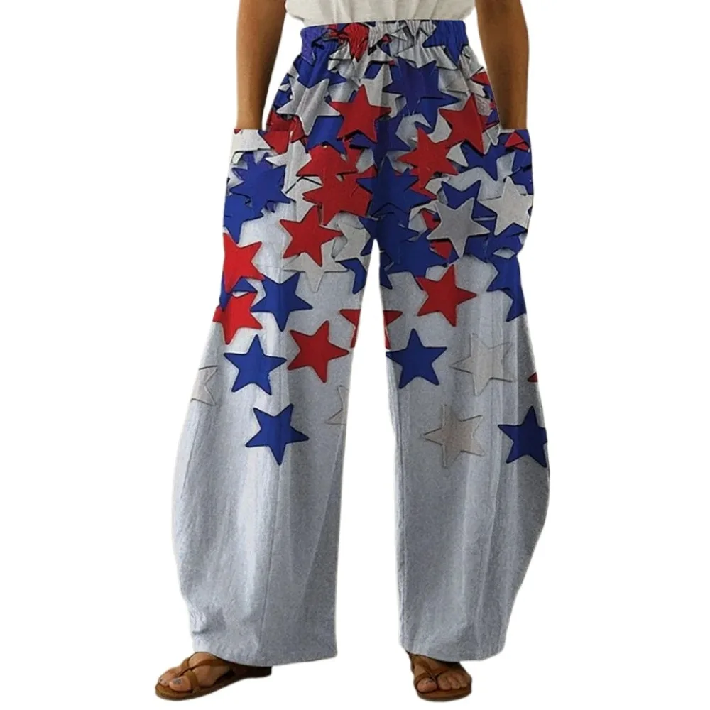 

Wide Leg Pants USA Stars Colors Full Length Printed Thin Hipster Trousers Fashion Summer Streetwear Sweatpants Women Clothing