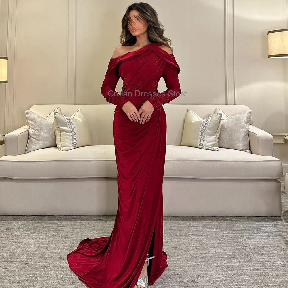 

Off the Shouler Velour Prom Dress Pleats Floor Length Court Train Formal Occasison Dresses Long Sleeves Evening Party Dress 2024