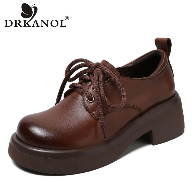 

DRKANOL Women Shoes 2024 Spring Handmade Retro Genuine Cow Leather Chunky Platform Thick High Heel Casual Shoes Chaussure Femme