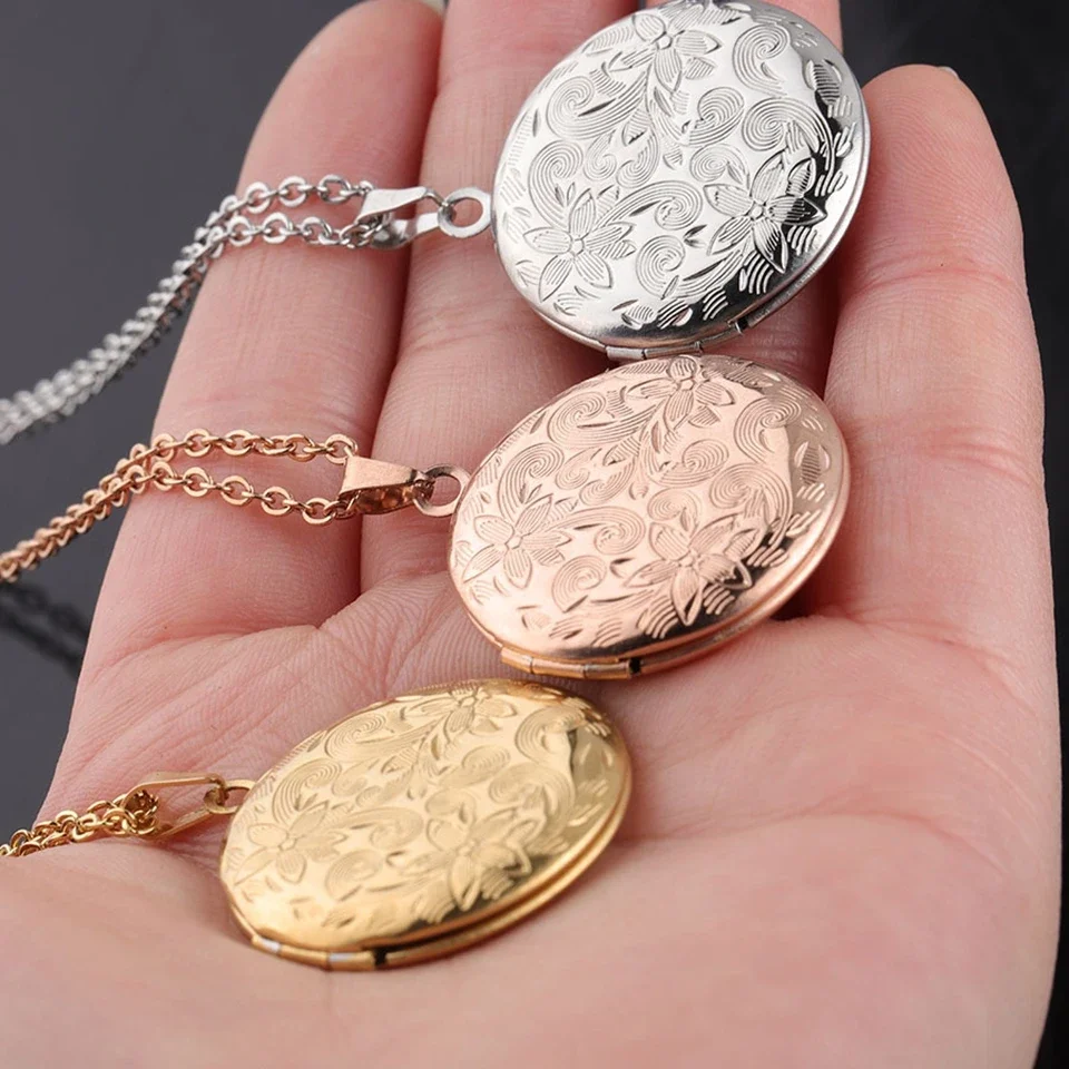 10pcs 316L Mirror Stainless Steel Retro Patterned Circular Picture Box Necklace DIY Playable Open Photo Frame Necklace