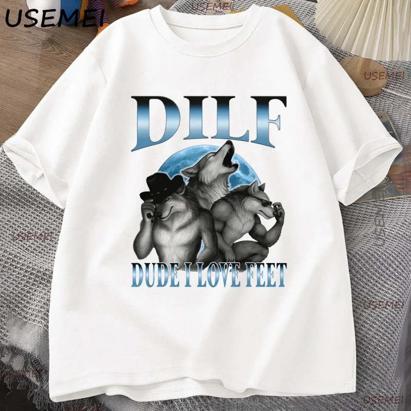 

Werewolf Moon Dilf T-Shirt Men Y2K Wolf Foot Fetish 90s Vintage Tee Soft Loose Cotton T Shirt Casual Short Sleeve Mens Clothing