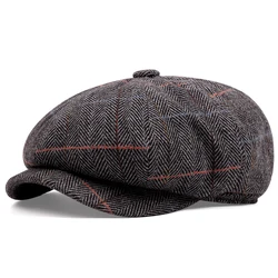 2023 Check Beret Vintage Men Wool Literary Youth Forward Hat British Style Newspaper Boy Hats Autumn-winter Fashion Octagon Cap