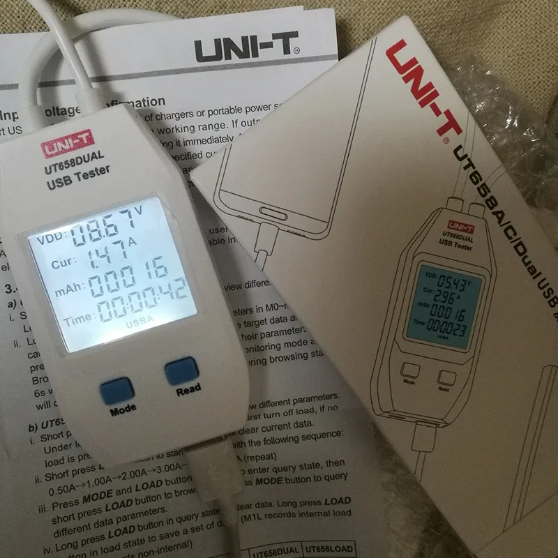 

UNI-T UT658 USB Tester Charger Type A/C Interface Mobile Fast Charge Current Capacity Energy Resistance Tester USB Power Meter