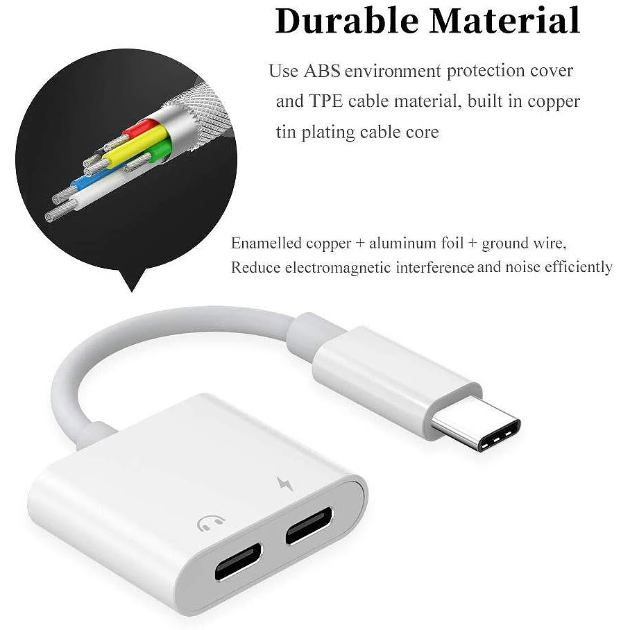 Dual Tipo C Adaptador de Auscultadores, USBC Splitter Jack, AUX Áudio, Conversor de Carregamento para Huawei, Samsung, Xiaomi, 2 em 1