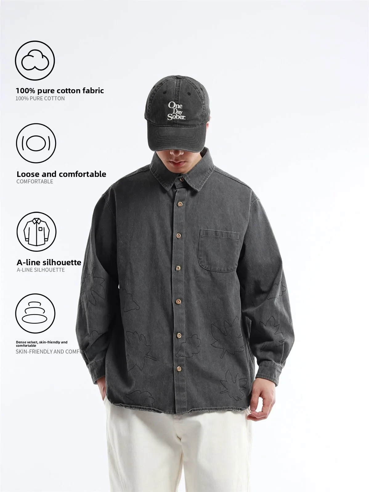 Retro Japanese Style Pure Cotton Heavyweight Faded Shirt Loose Fit Button up Long Sleeve Men's  Color Collarless Jacket