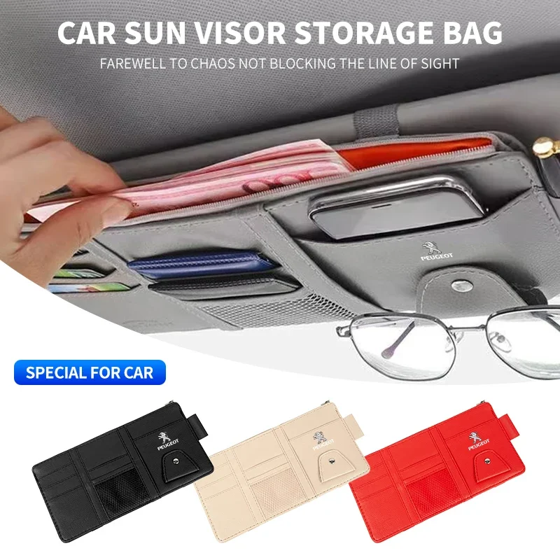 Car Leather Sun Visor Storage Clip Light Shield Storage Bag For Peugeot 407 508 2008 5008 307 308 3008 206 207 208 107 106 205