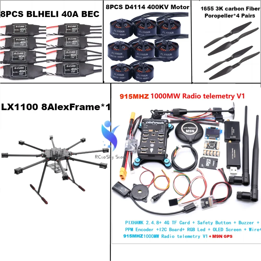 ชุดควบคุมการบิน B-CUBE LX1100 โครงสร้างคาร์บอนไฟเบอร์เต็มรูปแบบ ขนาด 1100 มม. แบบแปดใบพัด พร้อม ESC BLHELI 40A ชุดควบคุมการบิน PX4 Pixhawk 2.4.8 M9N มอเตอร์ D4114 สำหรับควบคุมการบินด้วยรีโมทคอนโทรล