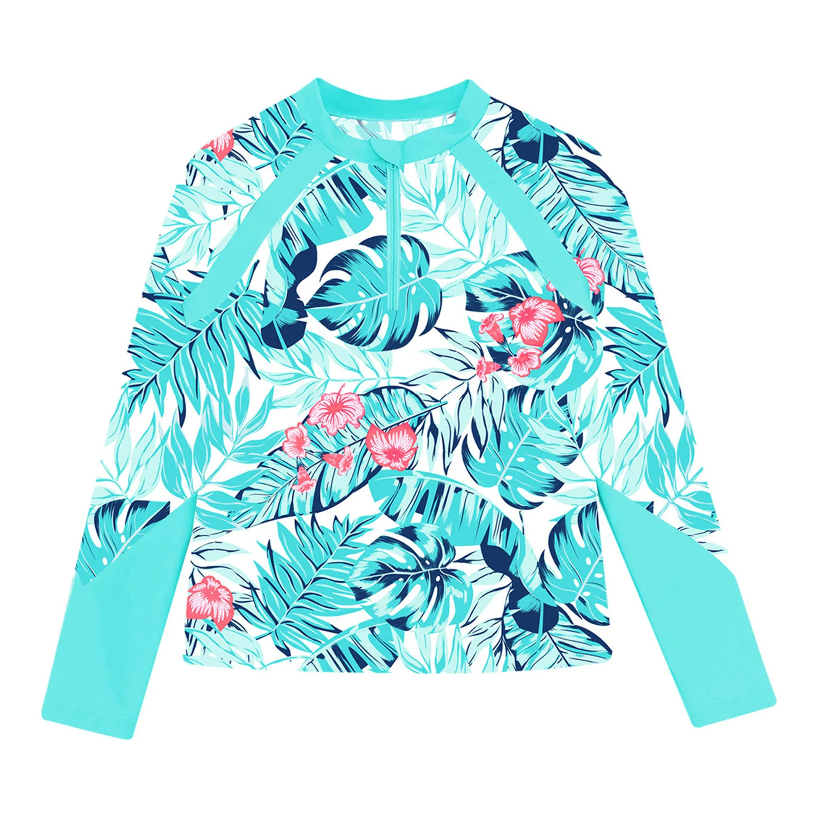 Kids Print Swim Top Girls Mock Neck Long Sleeve Front Zipper Print Tops Swimsuit Pool Beach UPF 50+ Surfing Bathing Tops