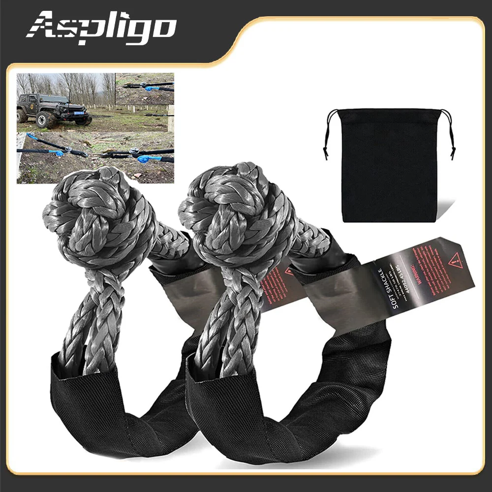 Aspligo 2pcs Soft Synthetic Rope Shackle Recovery Kit Traction Rope Loop 3/4