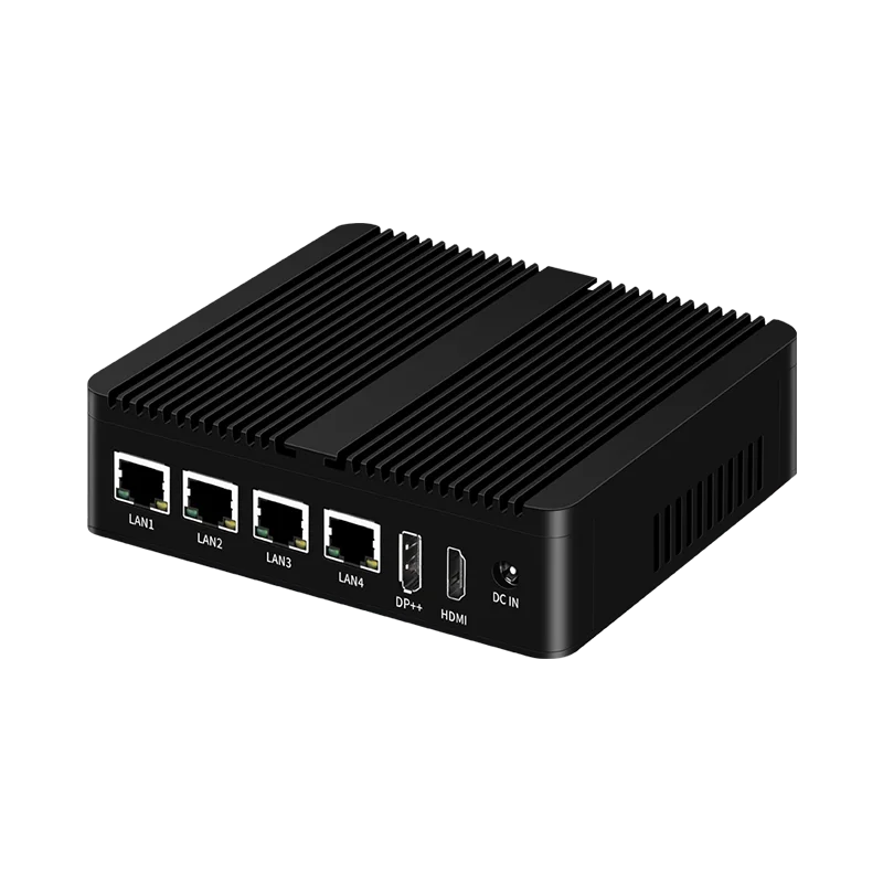 Mini PC senza ventola Computer industriale Firewall Processore Intel N100 RS485 RS232 DB9 6xUSB 4x Ethernet HDMI DP Windows Linux