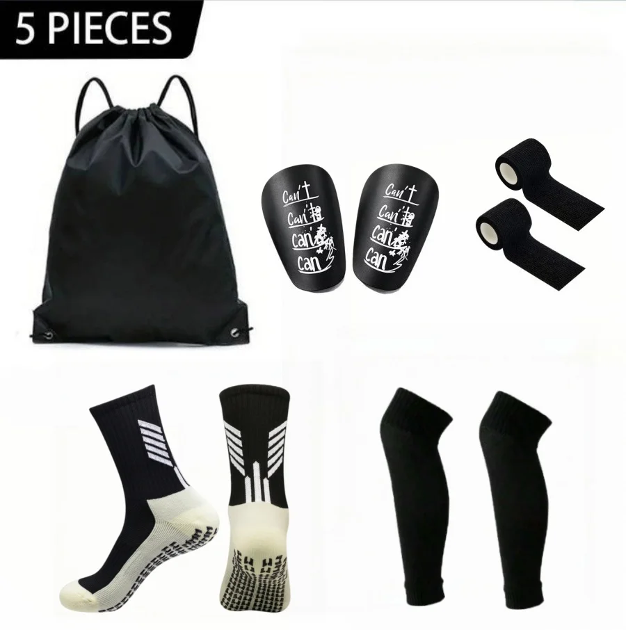 Soccer Football Gear Set 5in1 Football Socks Lower Leg Shin Guards Self-adhesive Sports Wrap Backpack Sack for Youth Adults