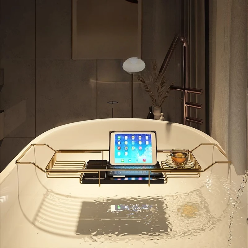 

Waterproof Bathroom Organizer with Phone Stand, Rustproof Expandable Bathtub Shelf, No-Hole Installation Storage Tray