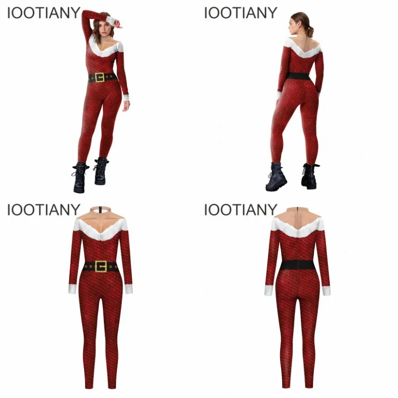 IOOTIANY Damen Weihnachtsgürtel 3D-Druck Cosplay Kostüm Sexy Jumpsuit Bodysuit Erwachsenen-Karnevalsparty Aerial Yoga Anzug Kleidung