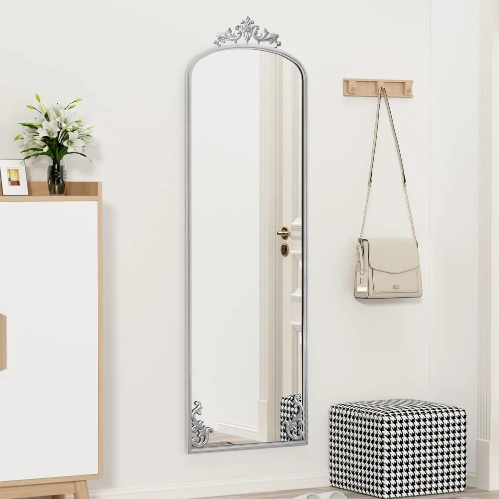 Miroir pleine longueur avec support, miroir de sol complet avec décor sculpté en argent, miroir sur pied arqué suspendu ou penché