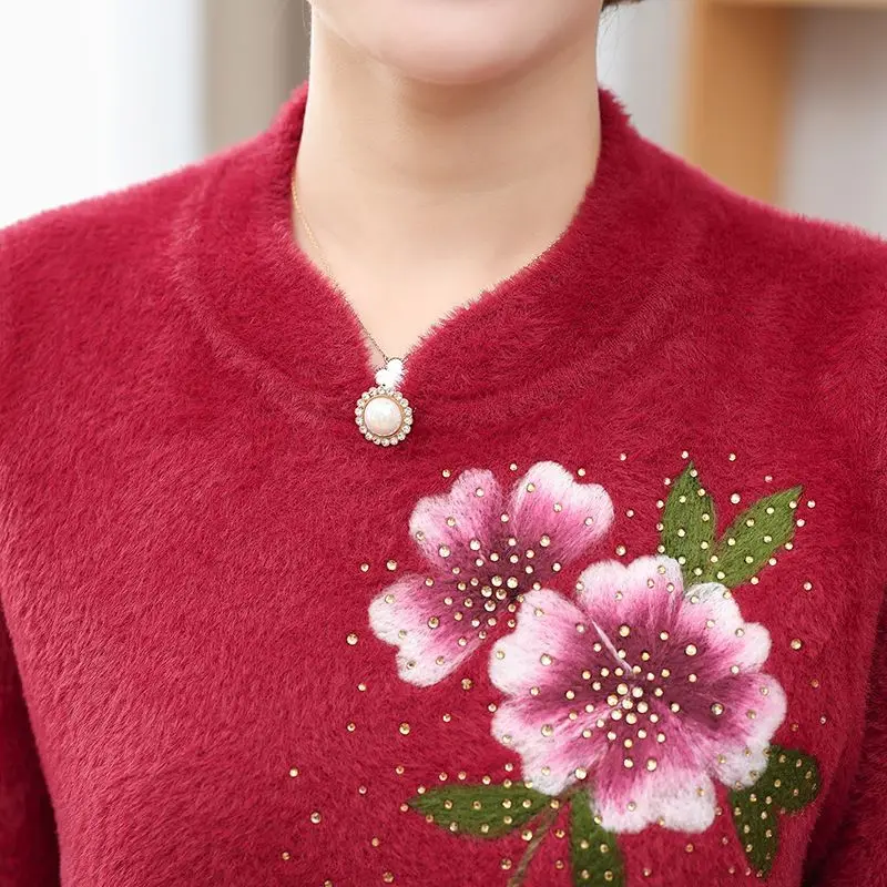 Women\'s Clothing Floral Embroidery Stand Collar Sweaters Autumn Winter Vintage Loose Pearl Diamonds Long Sleeve Thick Jumpers