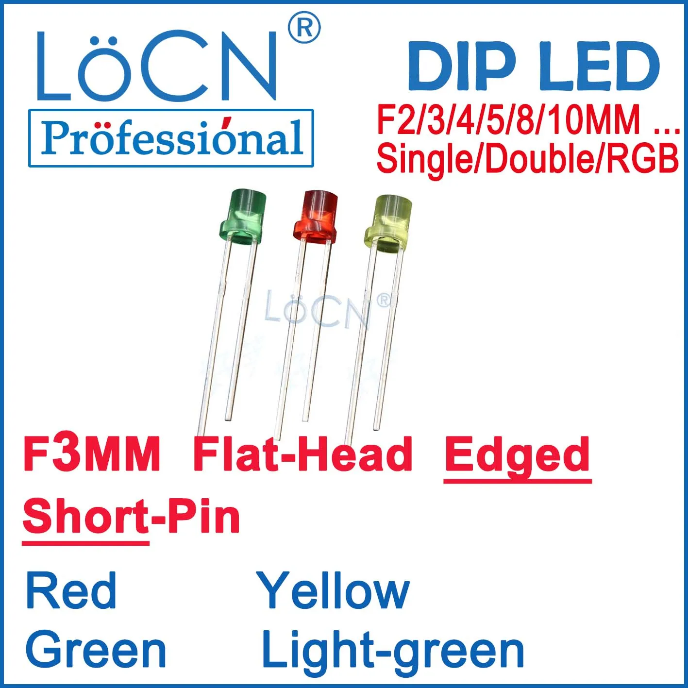 LoCN 1000pcs LED Diodes 3MM F3 Flat Head Top With Edged Red Yellow Light Green Short Pins Show Colors Super Bright