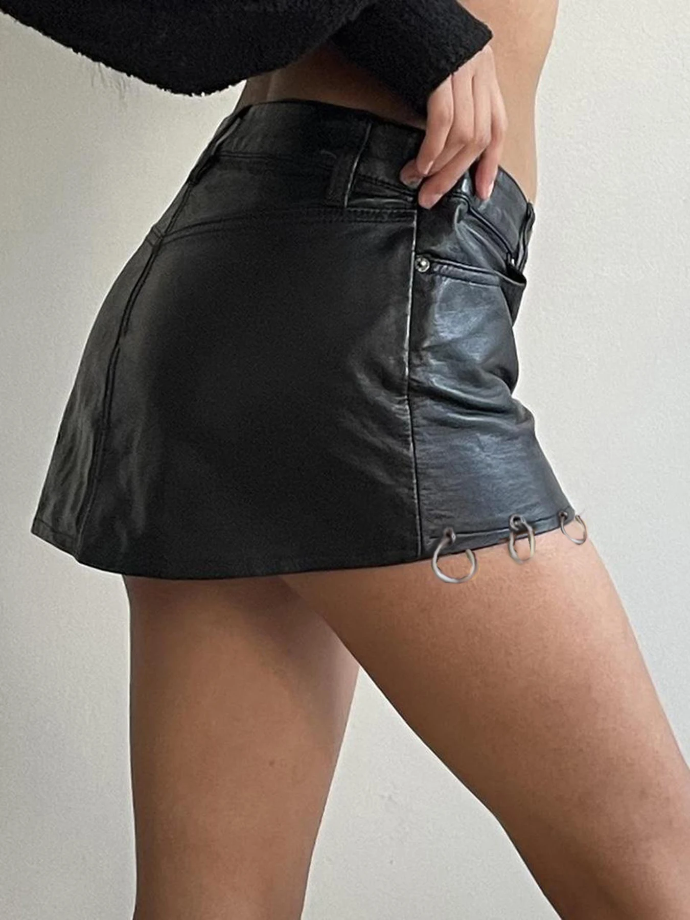 Weekeep Punk Style Leather Pencil Skirt Gothic Metal Ring Patchwork Skinny Mini PU Skirts y2k Streetwear Ladies Clothing Vintage