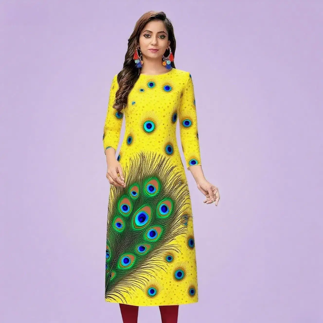 Kurt women's casual fashion dress long sleeved straight tube casual ethnic peacock round neck regular size design sense