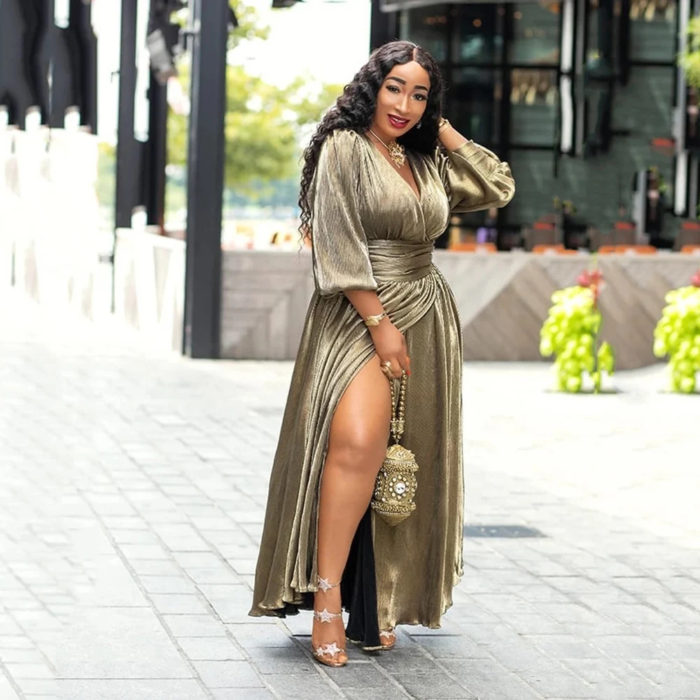 Damen-Abendkleid aus Satin und Samt, einfarbig, Übergröße, Robe, lange Ärmel, V-Ausschnitt, schmal, geteilt, Maxi, Abschlussball, Party, schick, lange Kleider