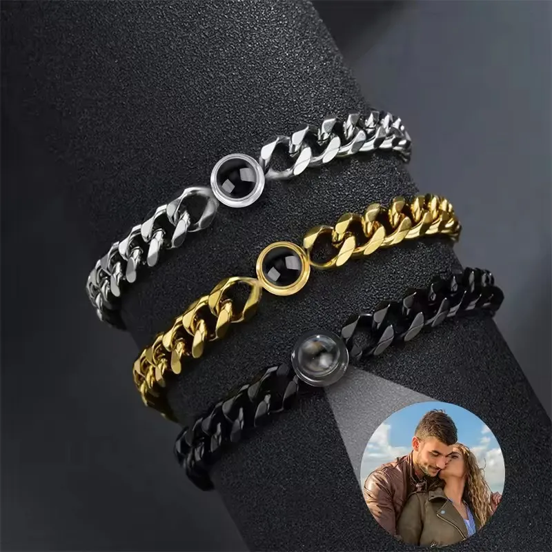 with Personalized Photo Projection Custom Bracelet for Men Women Titanium Steel Cuban Link Chain Bracelet with Picture Inside view 2