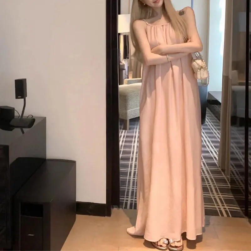 

Women Solid Color Halter Tie Spaghetti Strap Maxi Dress Loose Flowy Crinkle Summer Sleeveless Casual Vacation Long Slip Dress