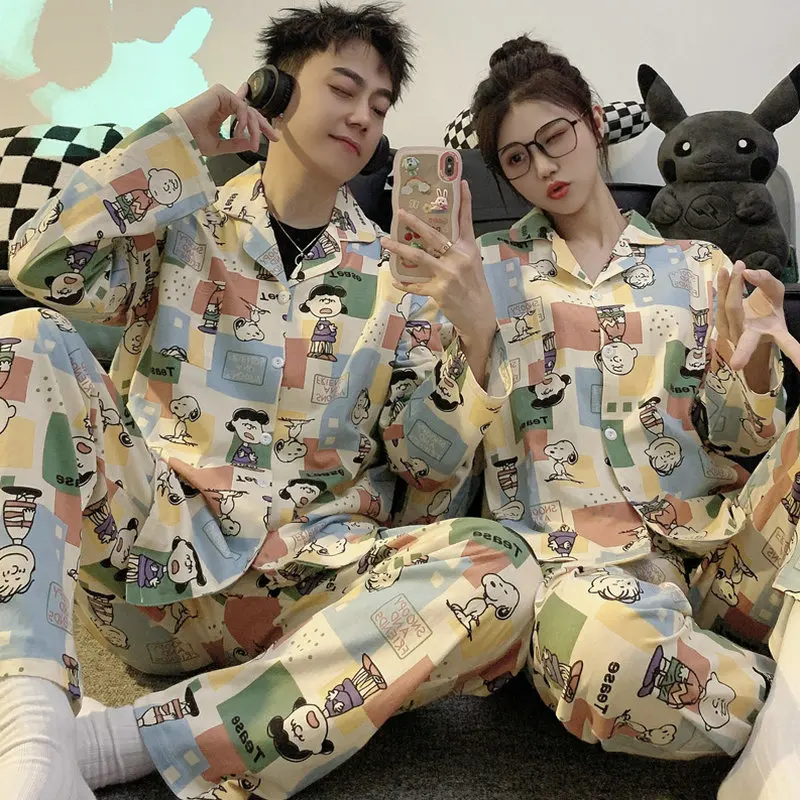 Couple Pajamas Women\'s Cotton Spring and Autumn 2023 New Korean Long Sleeve Autumn Cartoon Men\'s Homewear Set