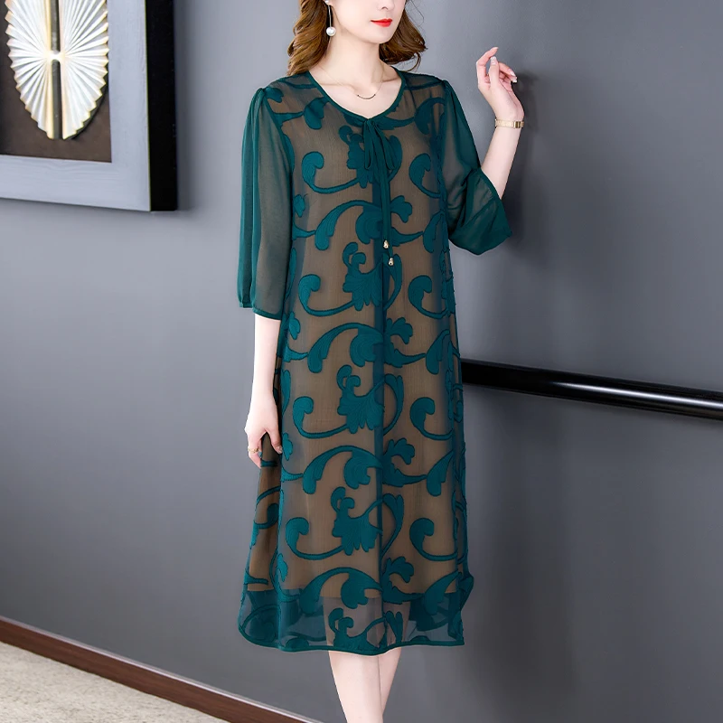 Women Black Embroidery Jacquard Midi Dress Spring Summer Fashion Casual Vestidos 2024 Korean Vintage  Party Evening Robe