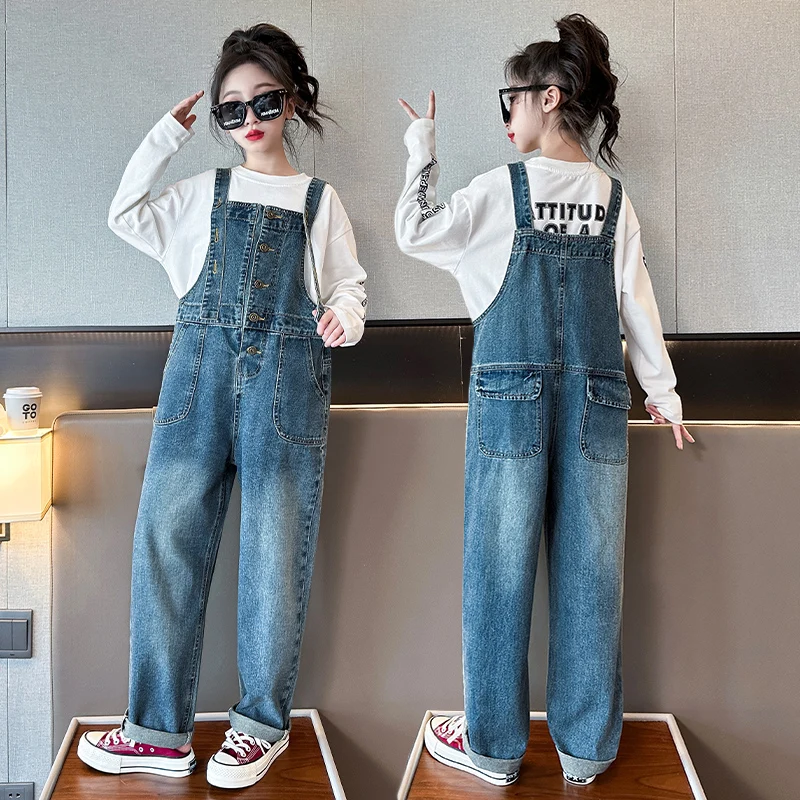 Children Denim Jumpsuit for Girls Fashion Jeans Overalls Kids Denim Dungarees Bib Pants Cowgirl Cool Suspender Jeans With Straps