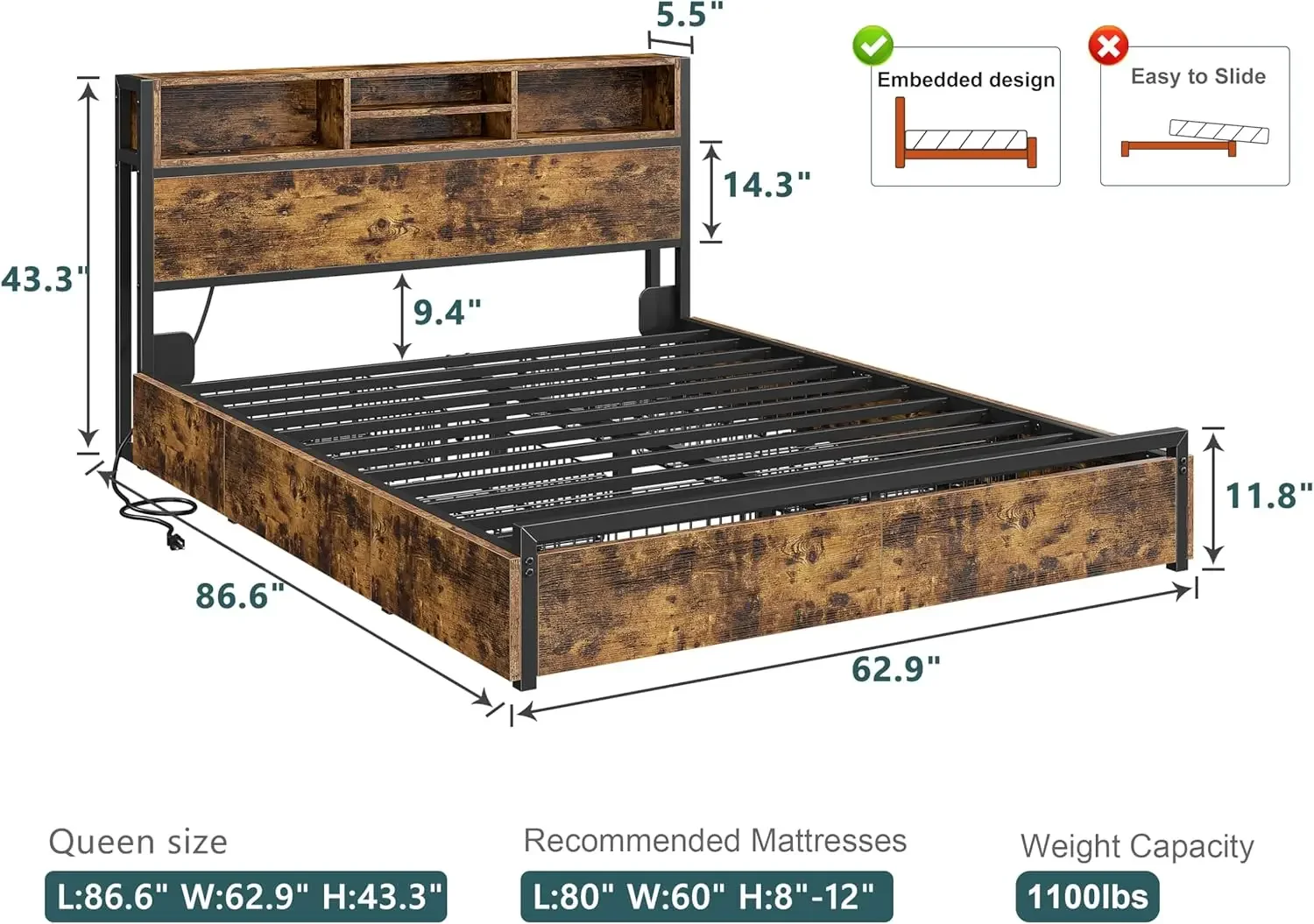 Queen Bed Frame with 6 Storage Drawers with Headboard Queen Size Bed Frame with Charging Station