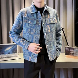 2025 New Male Casual Floral Denim Jacket Slim Fit Tops Fashion Men Daily Outdoor Bar KTV High Street Coat