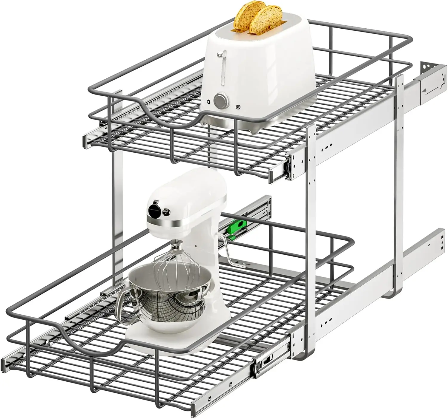 

2-Tier Pull Out Cabinet Organizer, 14" W x 22" D, Soft Close Slides, Heavy Duty Steel Wire Baskets