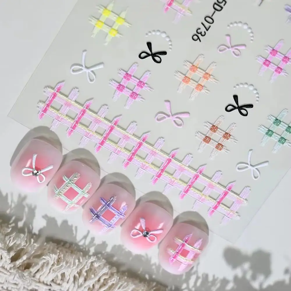 1pc 5D Cute Candy Color Checkered Nail Art Decals Macaron Color Plaid Bow Nail Stickers Ultra-Thin Summer Vacation DIY Manicure*