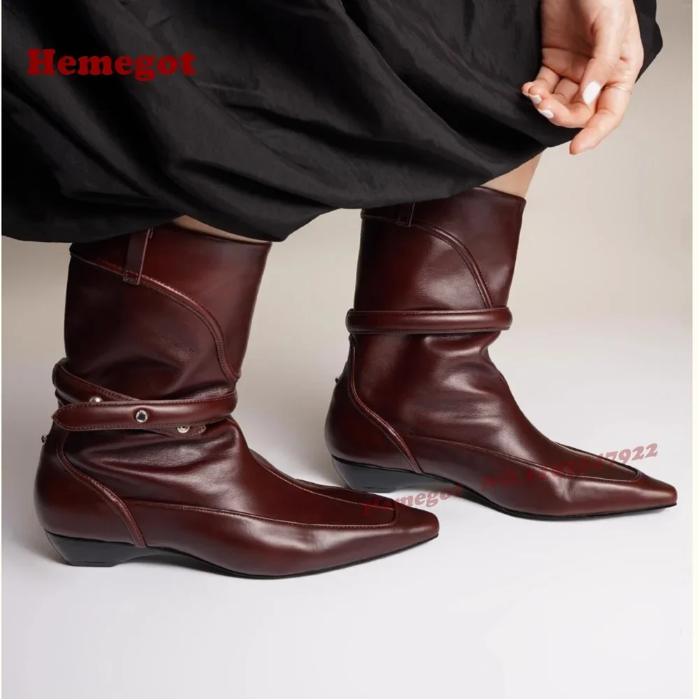 Pointy Toe Low Heels Belt Buckled Calf Women's Boots Burgundy Retro Knight Boots Winter 2026 New Leather Solid Splicing Luxury