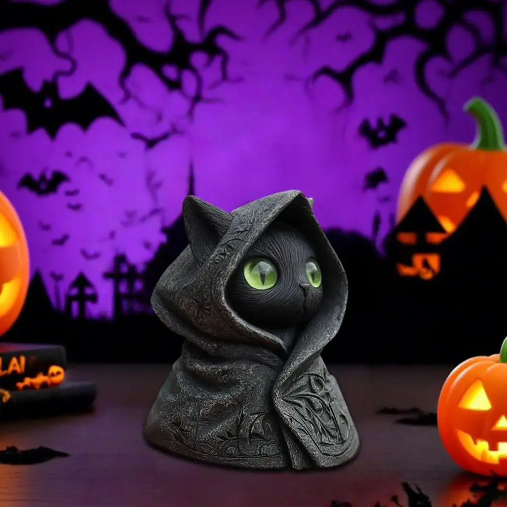 زينة الهالوين تمثال قطة أسود غامض بقلنسوة من الراتنج القوطي تمثال قطة سوداء منحوتة على شكل وحش هريرة هدية عيد #4