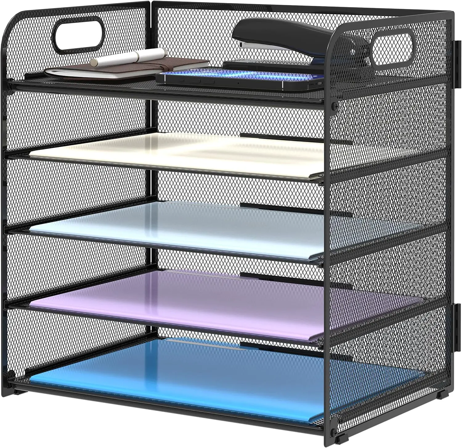 5 Trays Paper Organizer With Handle - Mesh Desk File/Letter Organizer, Black Paper Sorter For Office, Home Or School