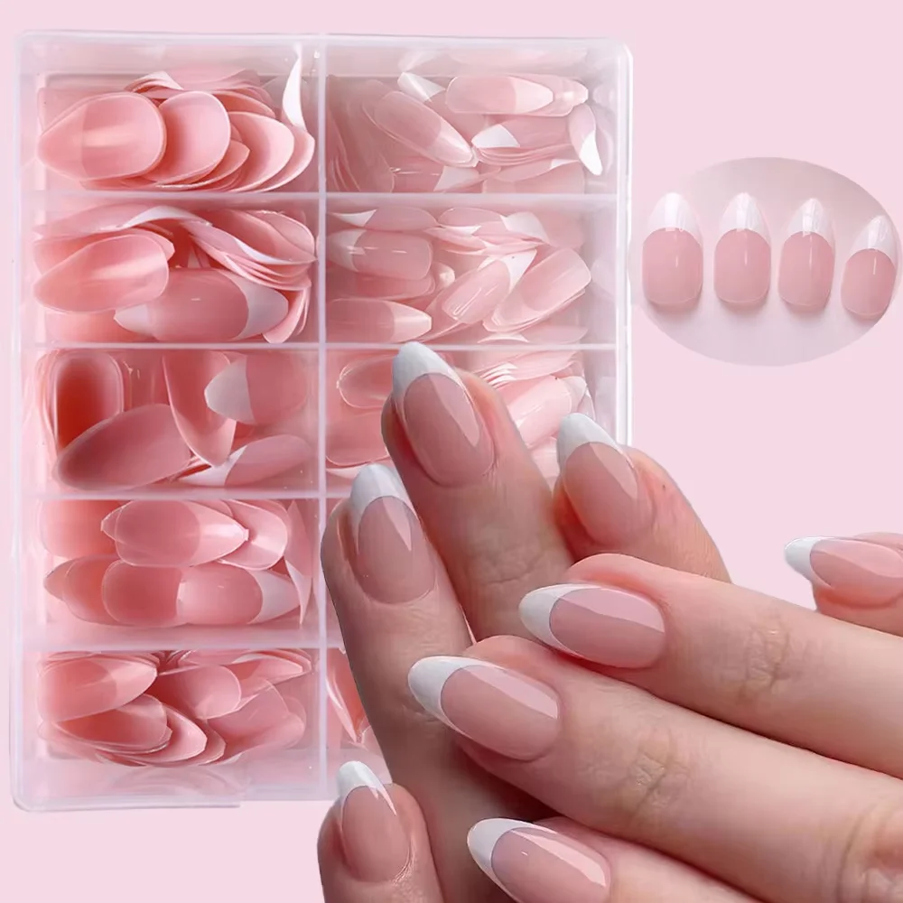 360Pcs/box Glossy Soft Gel Pink French Nail Tips Medium Almond White Simple Press On Nails 10Grids Huge Capacity False Nails