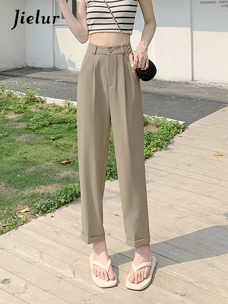 

Jielur Summer New Korean Suit Harem Pants Loose Slim High Waist Women's Pants Pure Color Black Khaki Female Capris S-XL