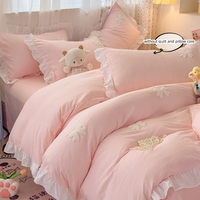 3 Piece Sheet Set pink bowknot embroidery Quilt Set , comfortable embroidery Bedding Set Bedspread for All Season