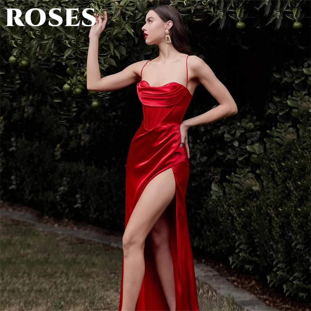 

ROSES Red Sexy Evening Gown Sweetheart Trumpet Satin Party Dress With Pleats Satin Spaghetti Strap High Side Slit Prom Dresses