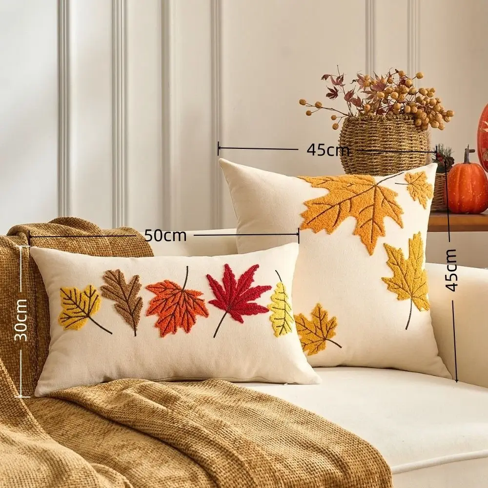 New Pumpkin Tufted Throw Pillow Cover Maple Leaves Soft Autumn Pillowcase Rustic Style Square Pillow Covers Fall Decor