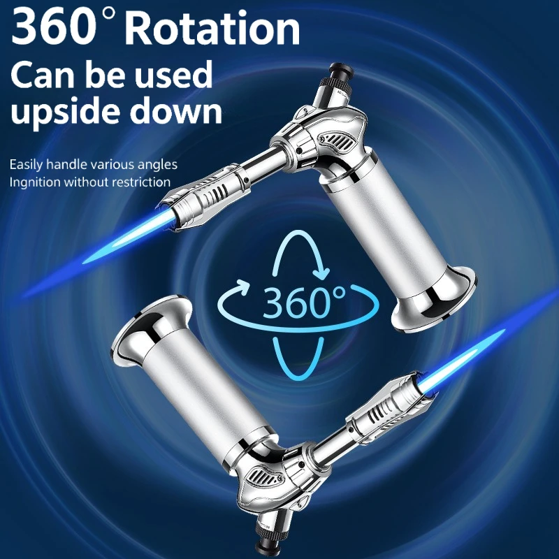 Refillable Windproof Butane Torch Lighter, High Temp 1300°C Blue Flame Blow Torch Long Handle Adjustable Flame Igniter for BBQ