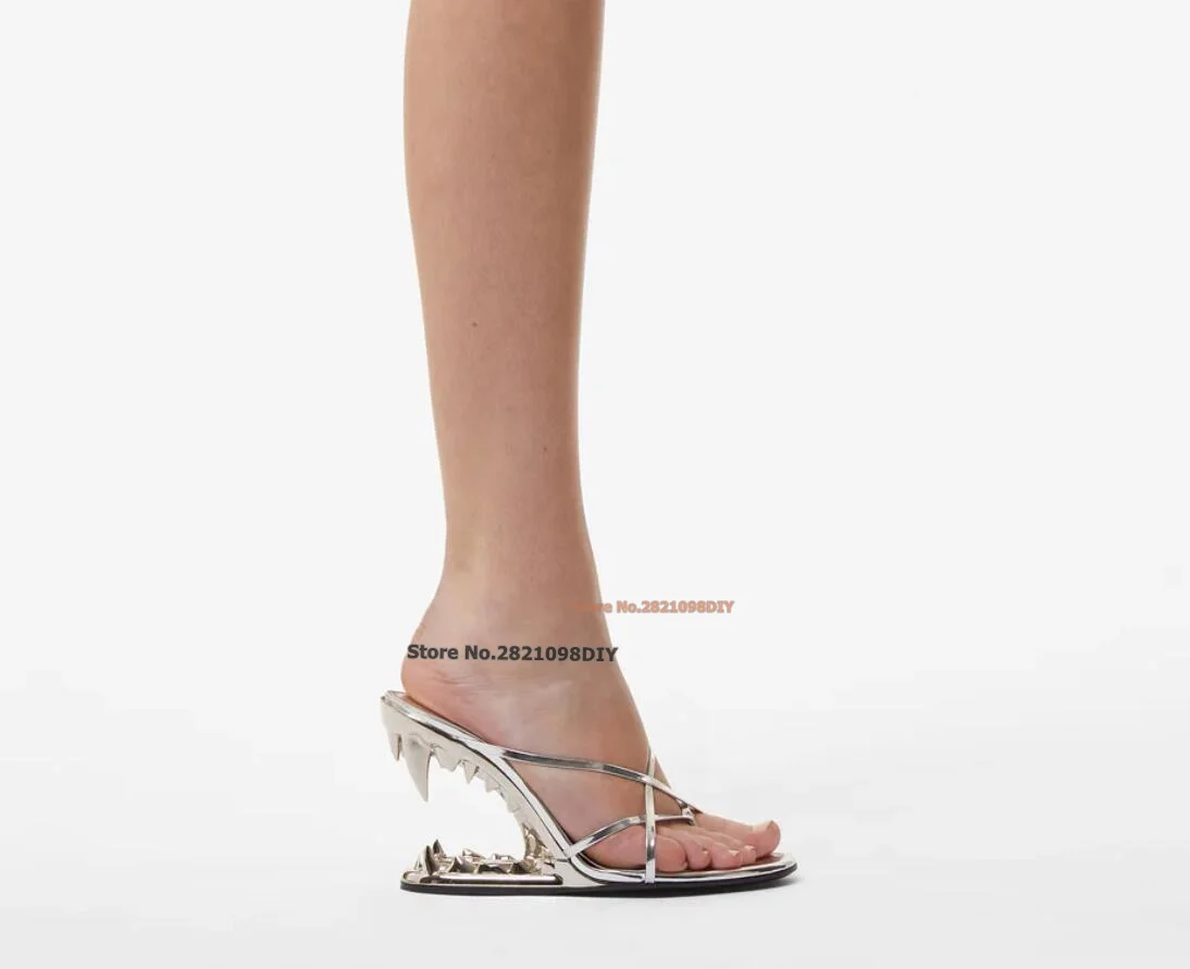 Silver Black Thongs Sandals High Heel Shoes Women 3D Mouth Slip On Heeled Party Shoes Criss-Crossed Flip-Flop Sling
