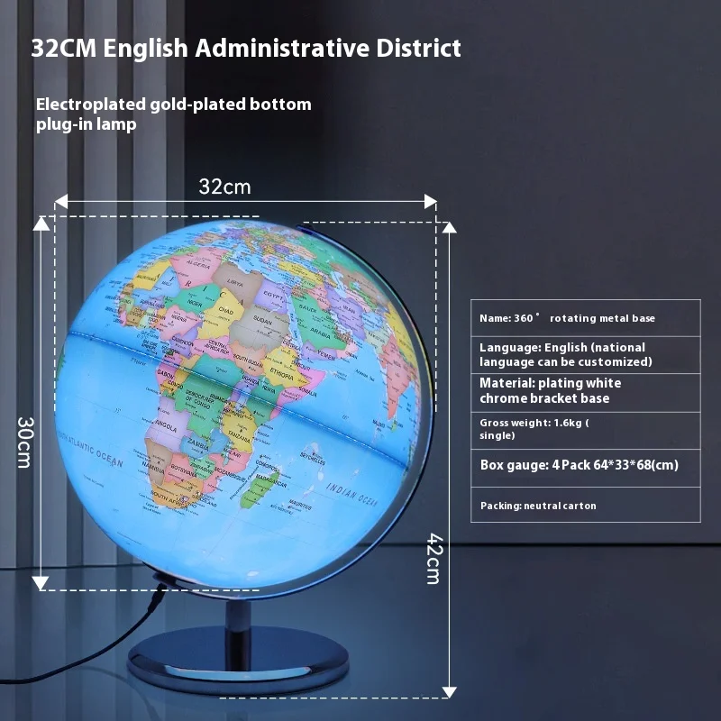 20/25/32cm Globus Świata Ziemia 360° ° 720 °   Obrotowe kule z metalową podstawą Artykuły szkolne do nauczania geografii Świecące angielskie Globus Erde